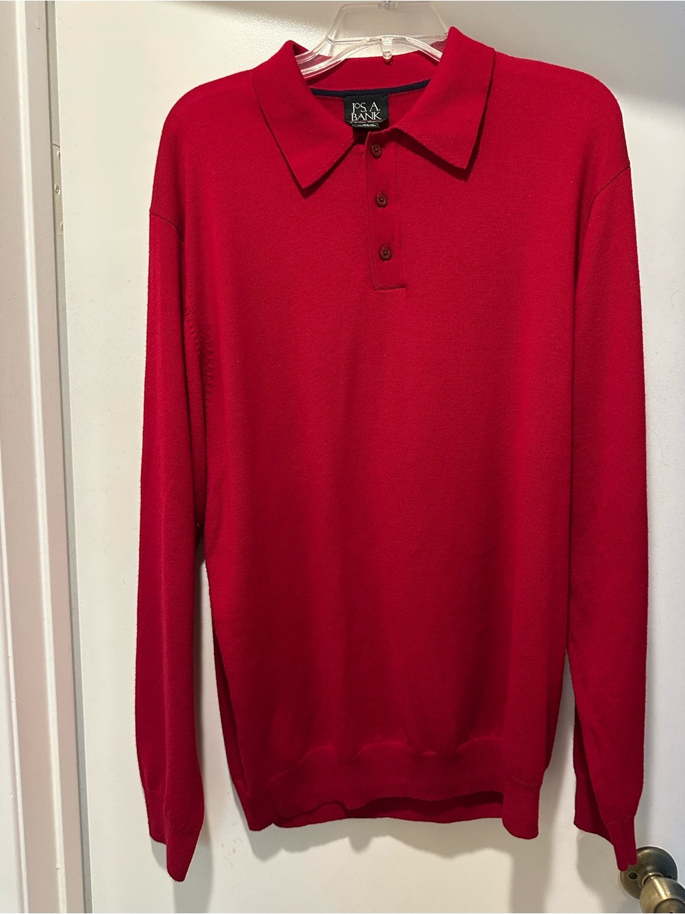 Jos. A. Bank Men's Red V-Neck Polo Sweater Size XL 100% Merino Wool